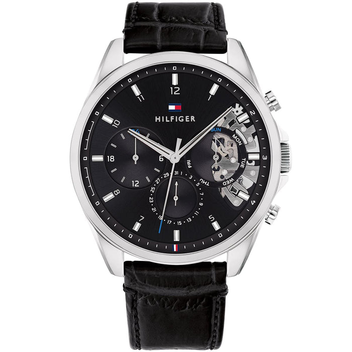 Tommy Hilfiger Black Leather Black Dial Day-Date Baker Men’s Watch 44 mm