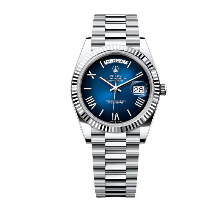 Rolex Day-Date 40mm Blue Ombré Roman Dial Fluted Bezel President Bracelet