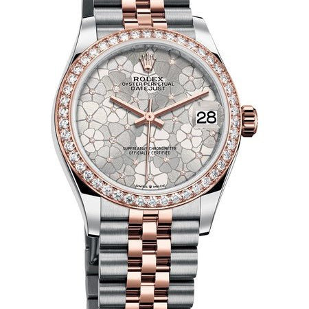 Rolex Steel Gold Diamond Bezel Watch Date just With Silver Floral Diamond Dial