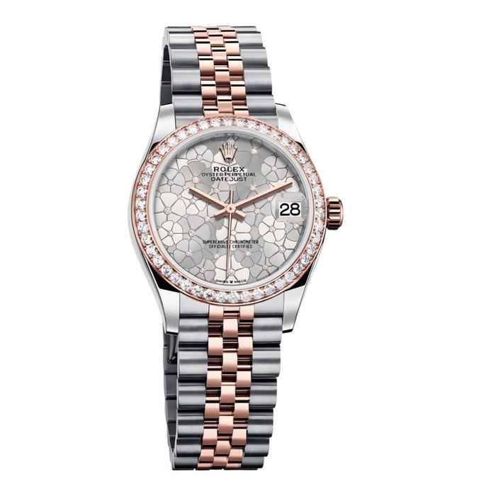 Rolex Steel Gold Diamond Bezel Watch Date just With Silver Floral Diamond Dial